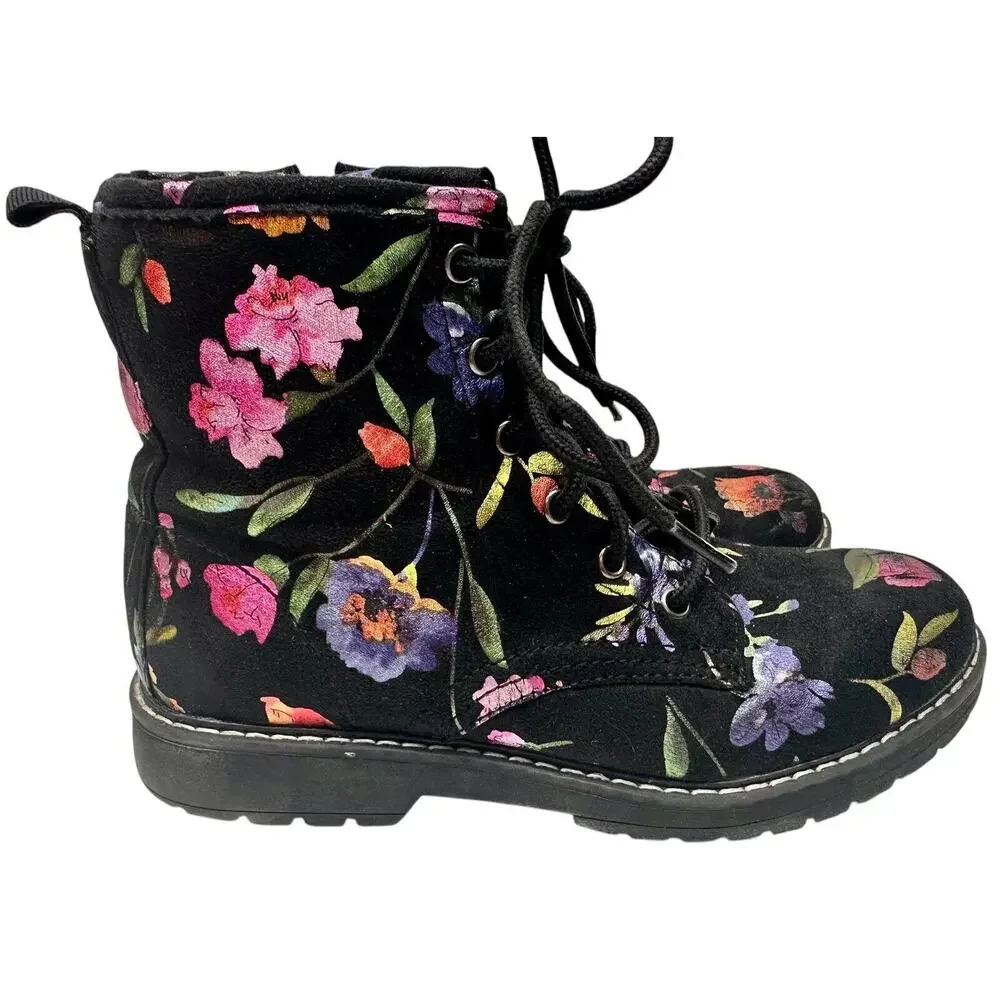 Steve Madden Betty Black Pink‎ Floral Soft Velvet Lace Up Combat Boots Girls 4